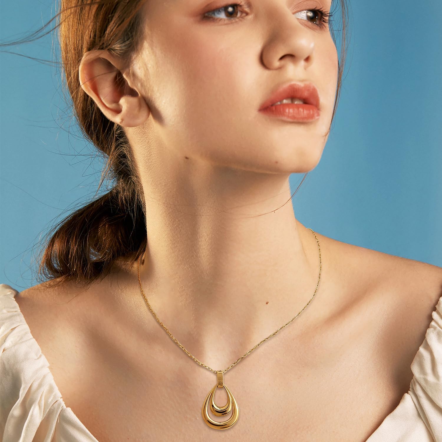 Chunky Gold Teardrop Pendant Necklace for Women, Trendy Statement Geometric Droplet Adjustable Chain Necklaces Prom