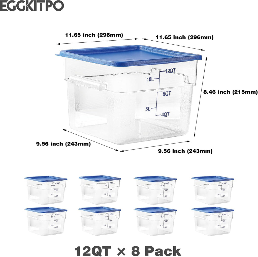 8 Pcs 12 QT Food Storage Container with Blue Lids, Handle BPA-Free Polycarbonate Hot Cold Resistant Large Square