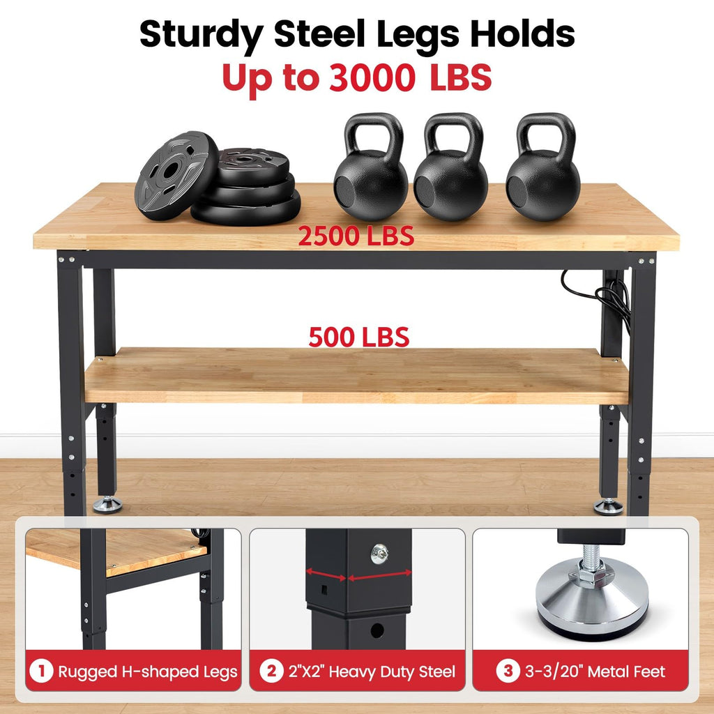 60" Heavy Duty Workbench, Adjustable Height Garage Work Bench with Solid Rubberwood Top, Storage Shelf & Power