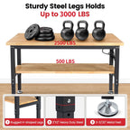 60" Heavy Duty Workbench, Adjustable Height Garage Work Bench with Solid Rubberwood Top, Storage Shelf & Power