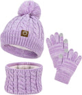 Kids Winter Hat Gloves Scarf Set, Girls Boys Hats Beanie with Pom Children Knit Neck Warmer Mittens Fleece Lined Set