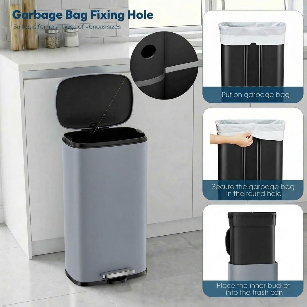 8 Gal Kitchen Trash Can, 30L Recycling or Garbage Bin, with Step-On Pedal