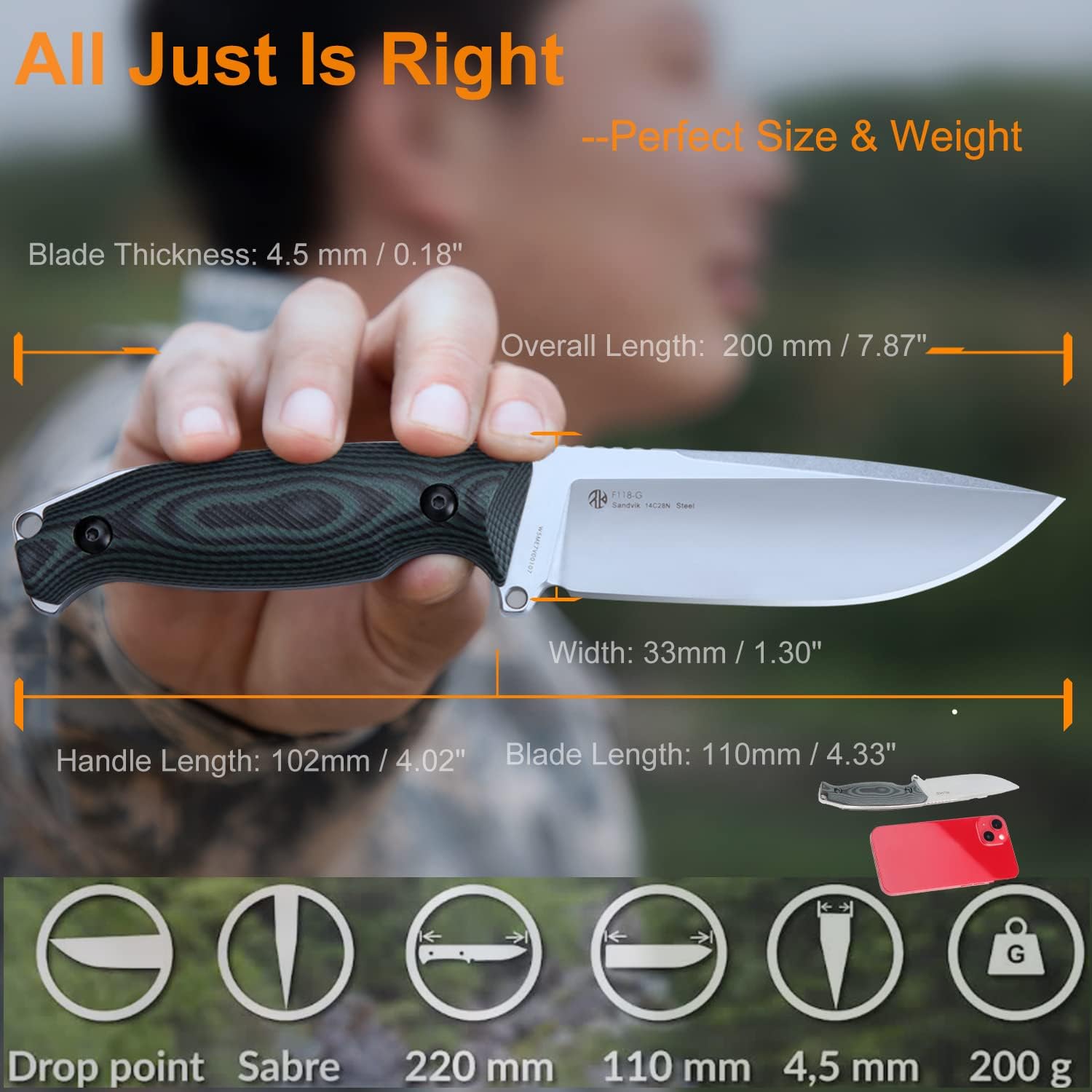 14C28N Camping Fixed Blade Knife with Sheath,Full Tang,G10, Bushcraft | Adjustable kydex sheath, Large Blade