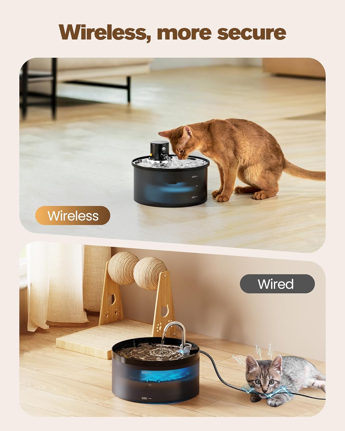 Wireless Cat Water Fountain Cordless: Battery Operated Cat Fountain - 108oz/3.2L Automatic Pet Water Dispenser
