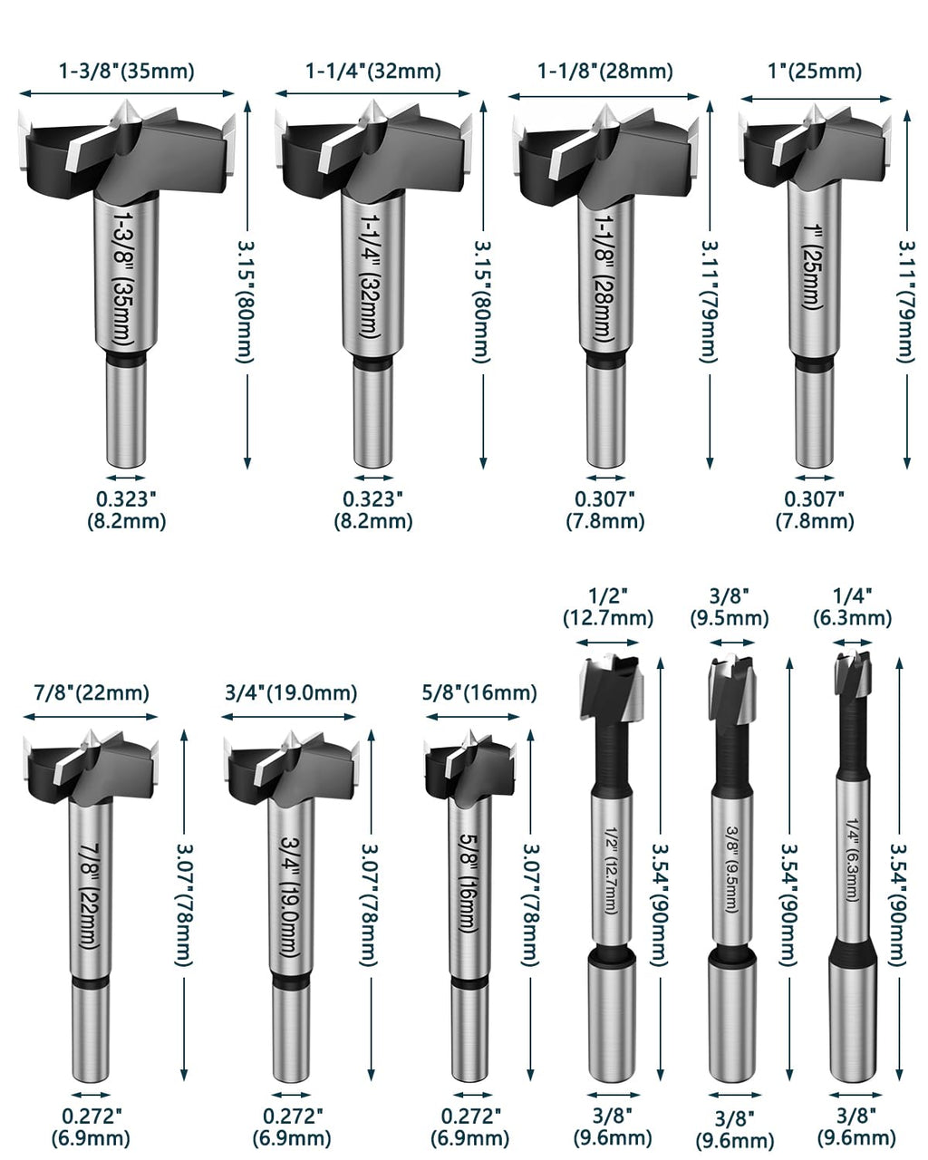 10Pcs Forstner Drill Bit Set for Woodworking & Hole Drilling | Round shank auger hole cutter for hardwood, softwood