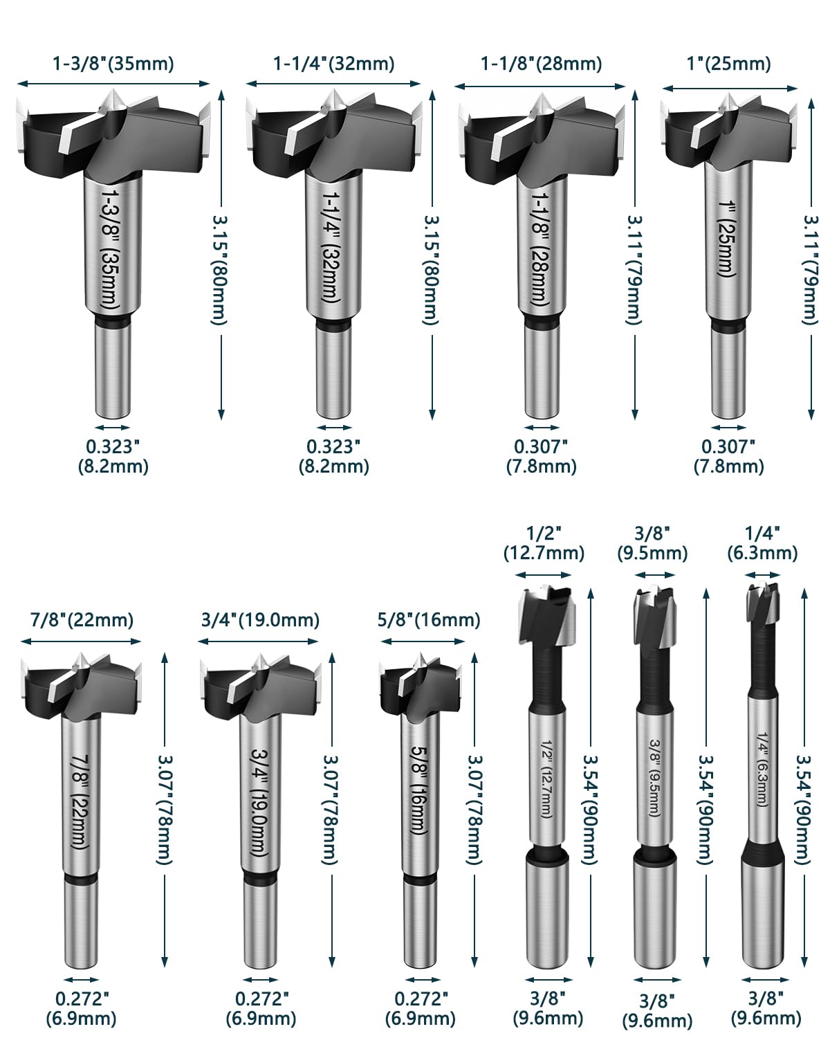 10Pcs Forstner Drill Bit Set for Woodworking & Hole Drilling | Round shank auger hole cutter for hardwood, softwood