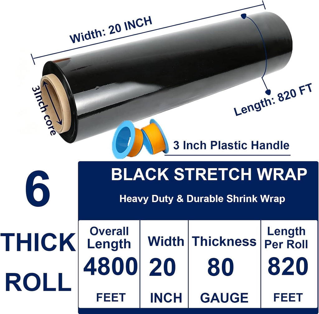 Black Stretch Wrap 20" x 820ft 80 Gauge Industrial Strength with Handle