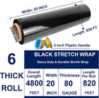 Black Stretch Wrap 20" x 820ft 80 Gauge Industrial Strength with Handle