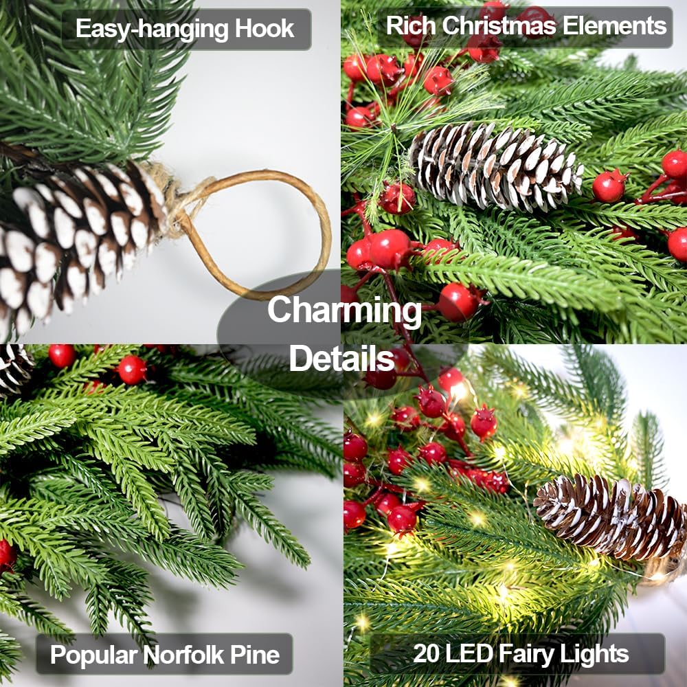 2025 Upgraded 26inch Christmas Swag with Lights Lush Norfolk Pine Teardrop Swags Christmas Wreaths with Lights