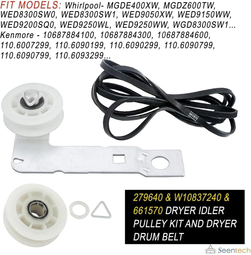 279640 & W10837240 & 661570 Dryer Idler Pulley Kit and Dryer Drum Belt – Compatible with Whirlpool May-tag Kenmore