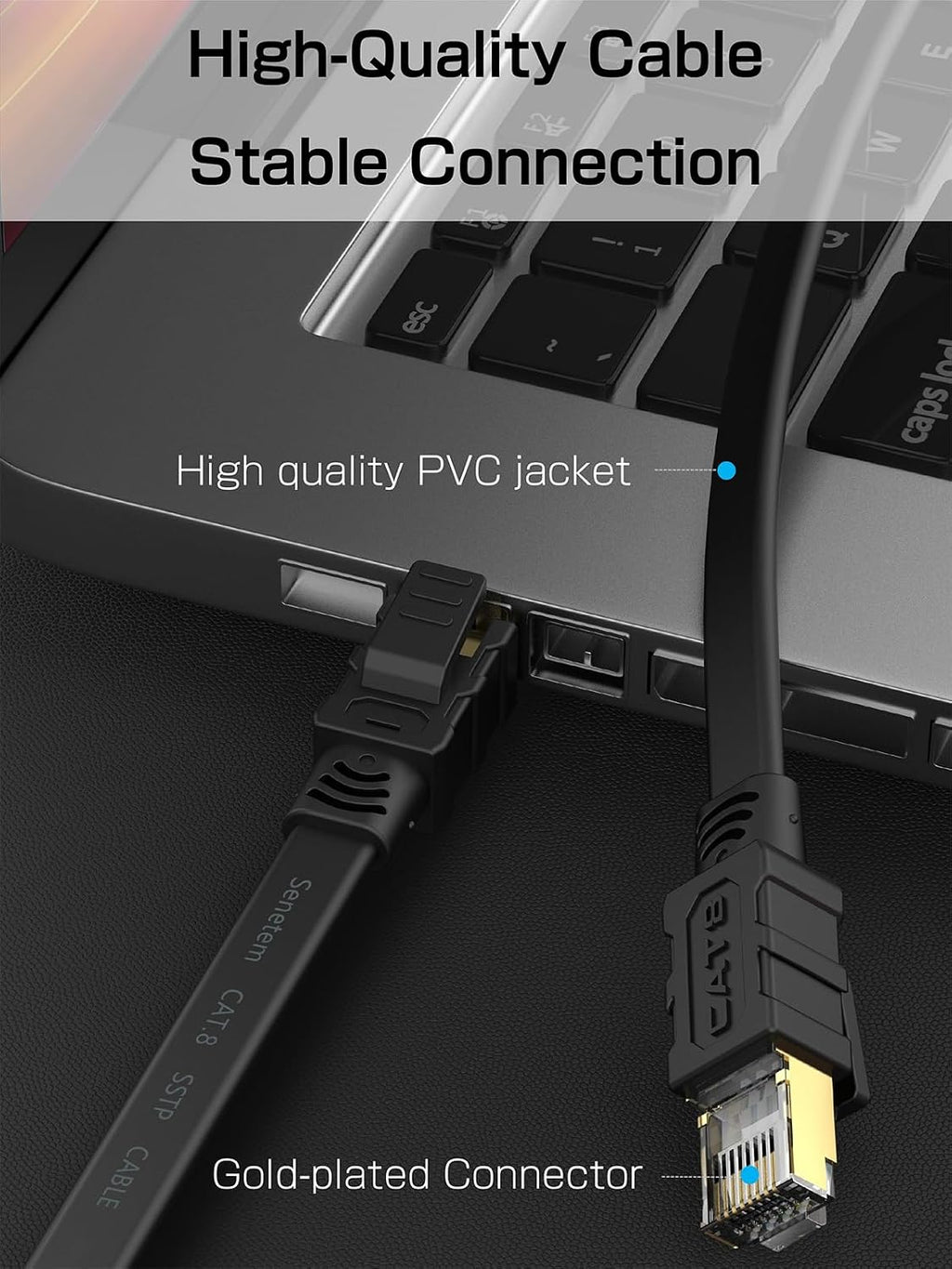 Cat 8 Ethernet Cable 50FT, 40Gbps Flat RJ45 LAN Network Cable | Flat shielded Cat 8 cable supports 40Gbps/2000MHz for