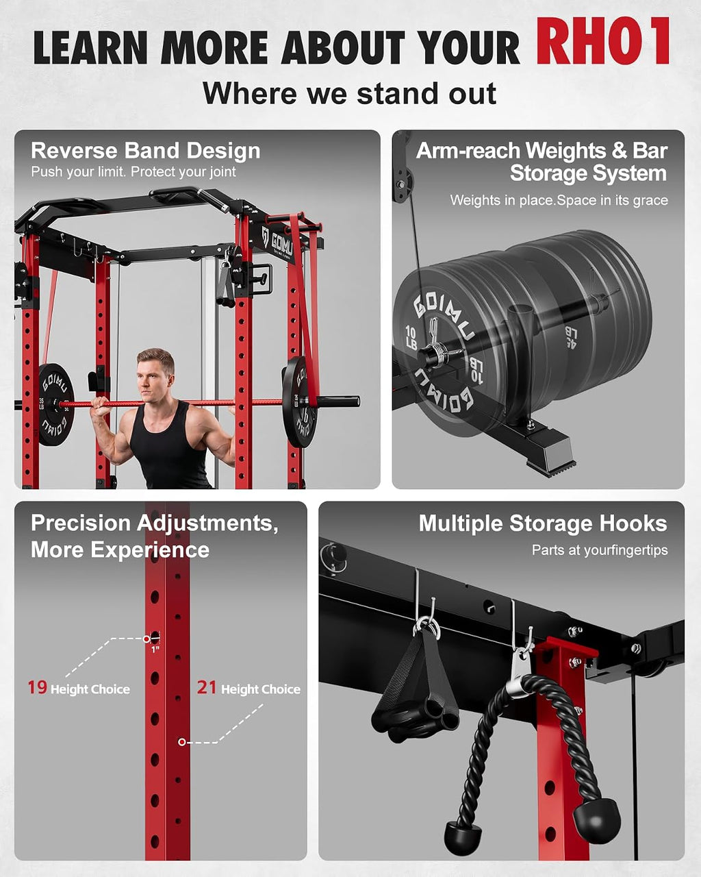 RH01 Power Cage Rack, 2000LBS Squat Rack with with Cable Crossover System&LAT Pull Down System, Multi-Function
