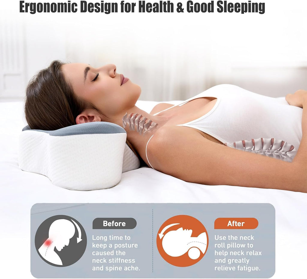 Travel Cervical Pillow for Bed Sleeping, Small Memory Foam Neck Pillow with Cooling Washable Cover, Compact Ergonomic