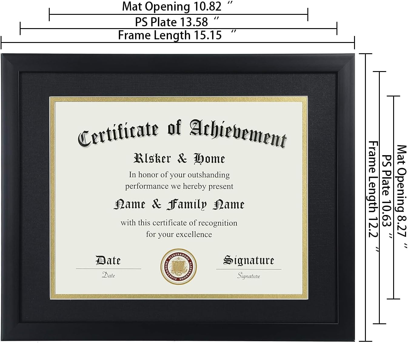 8.5x11 Certificate Frame Black with Black Mat Gold Rim | Displays Diploma 8.5x11 Inch with Mat - 11x14 Inch Without