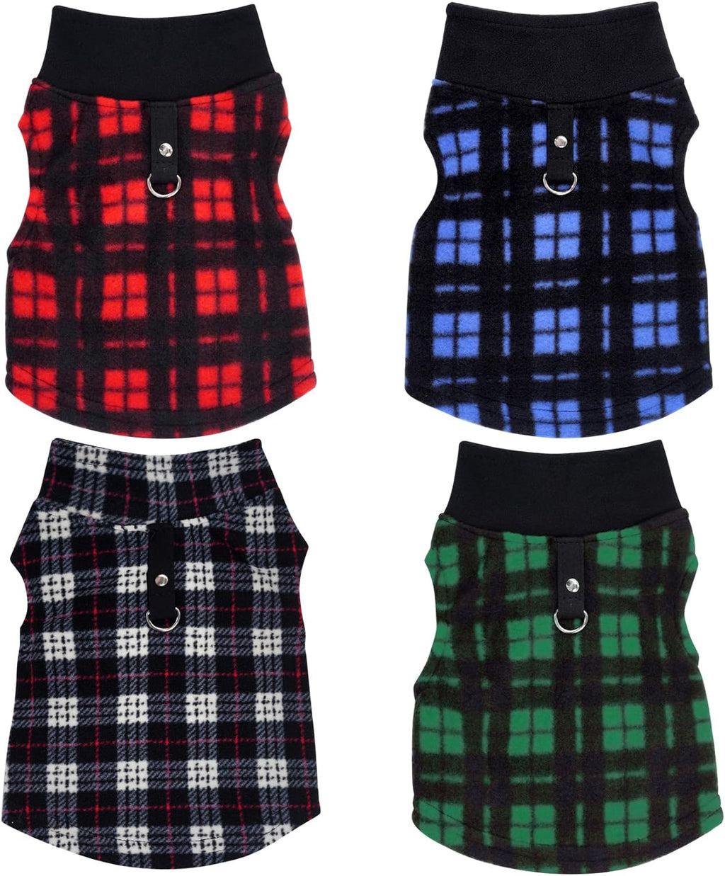 4 Pieces Buffalo Plaid Dog Sweaters with Leash Ring Soft Fleece Vest Dog Pullover Warm Jacket Pet Dog Clothes Winter