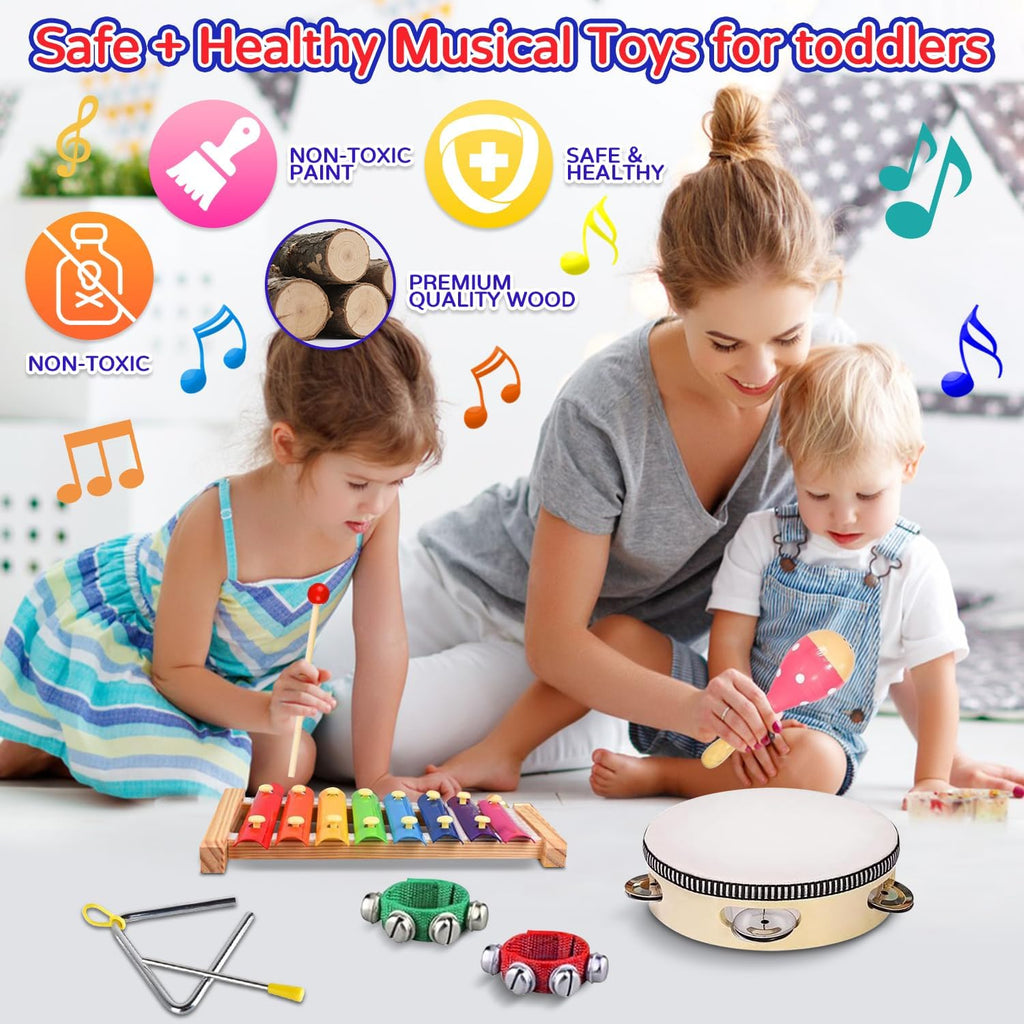 Kids Musical Instruments, INLAIER Toddler Wooden Percussion Instruments Tambourine Xylophone Toys for Kids Children