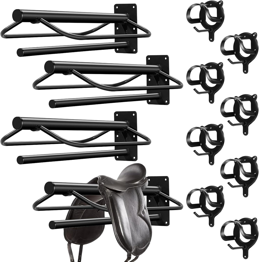 12 Pack Saddle Rack Wall Mount with Pad Bar Horse Bridle Rack Metal Bracket Bridle Hooks Detachable Portable Saddle