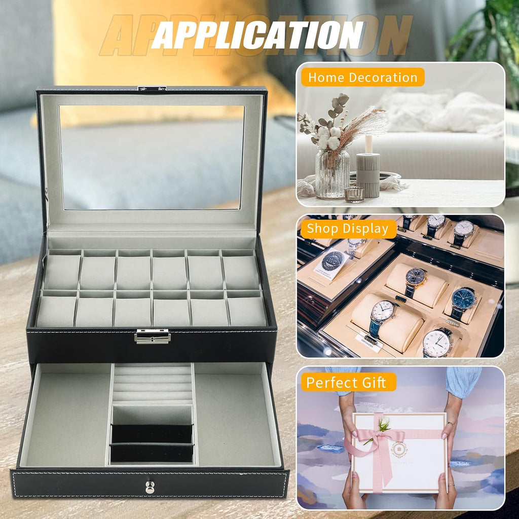 12 Slots Watch Case with Lockable Watch Jewelry Box for Women Men | Jewelry Display Case, Leather Watch Organizer