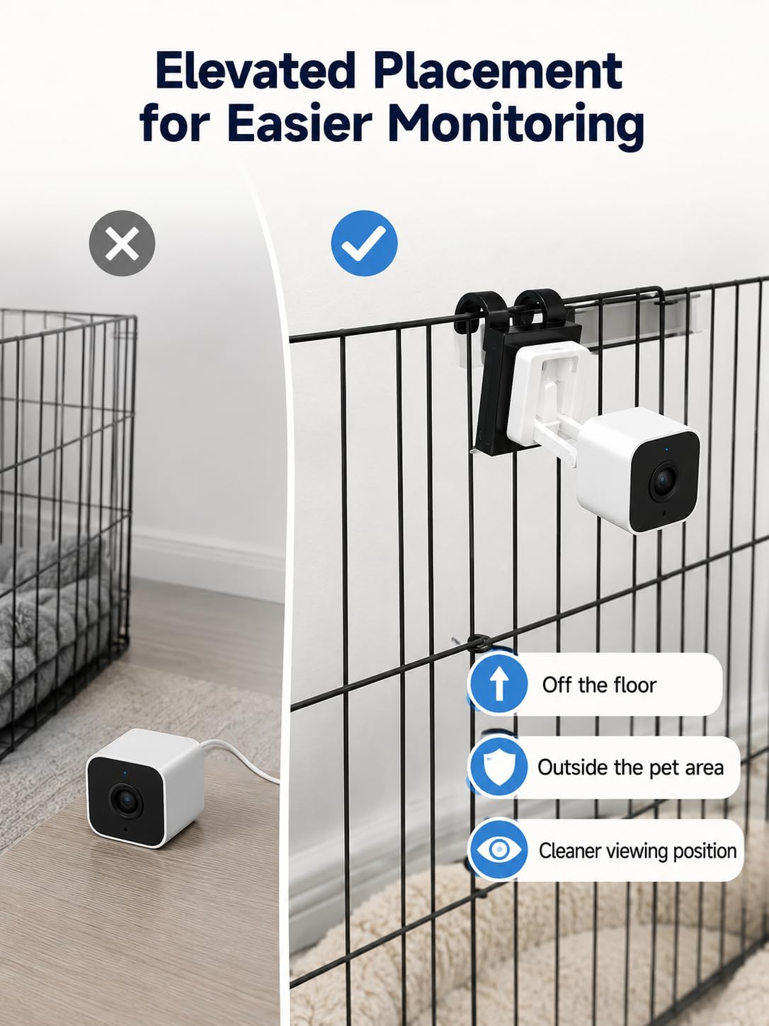 Pet Cage Camera Mount Compatible with Wyze Cam, Clip-On Crate Camera Holder