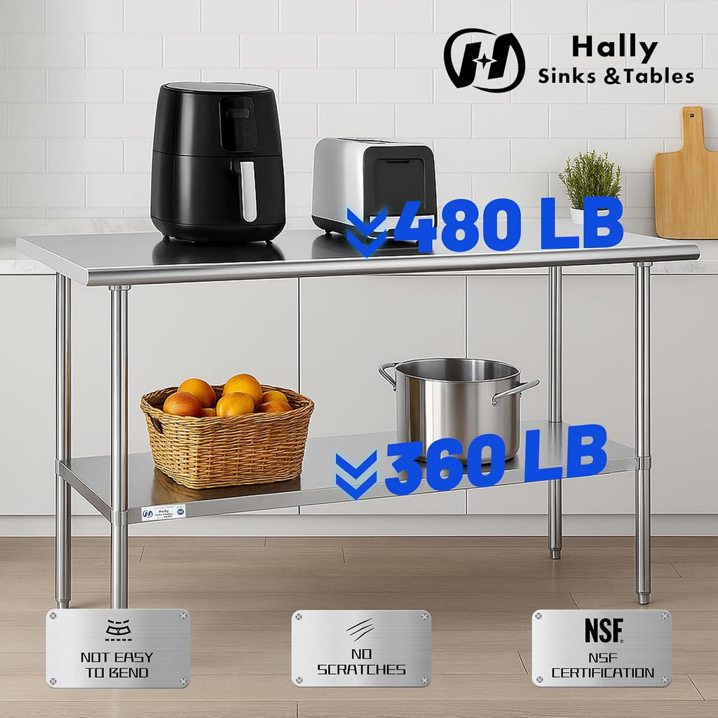 Hally Stainless Steel Table for Prep & Work 24 x 60 Inches NSF Commercial