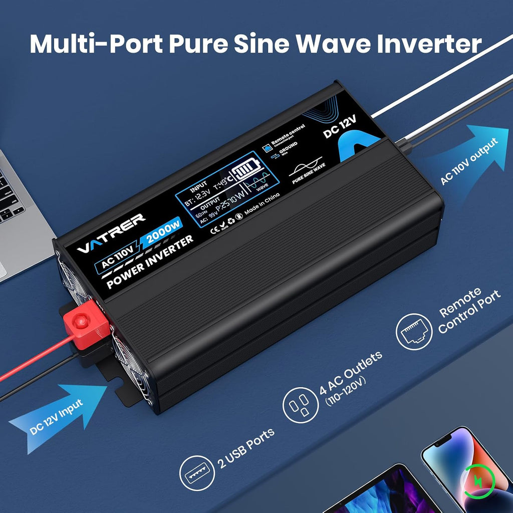 2000 Watt Pure Sine Wave Inverter 12V DC to 110V/120V AC Power Inverter | with LCD Screen, AC Outlets&USB Ports