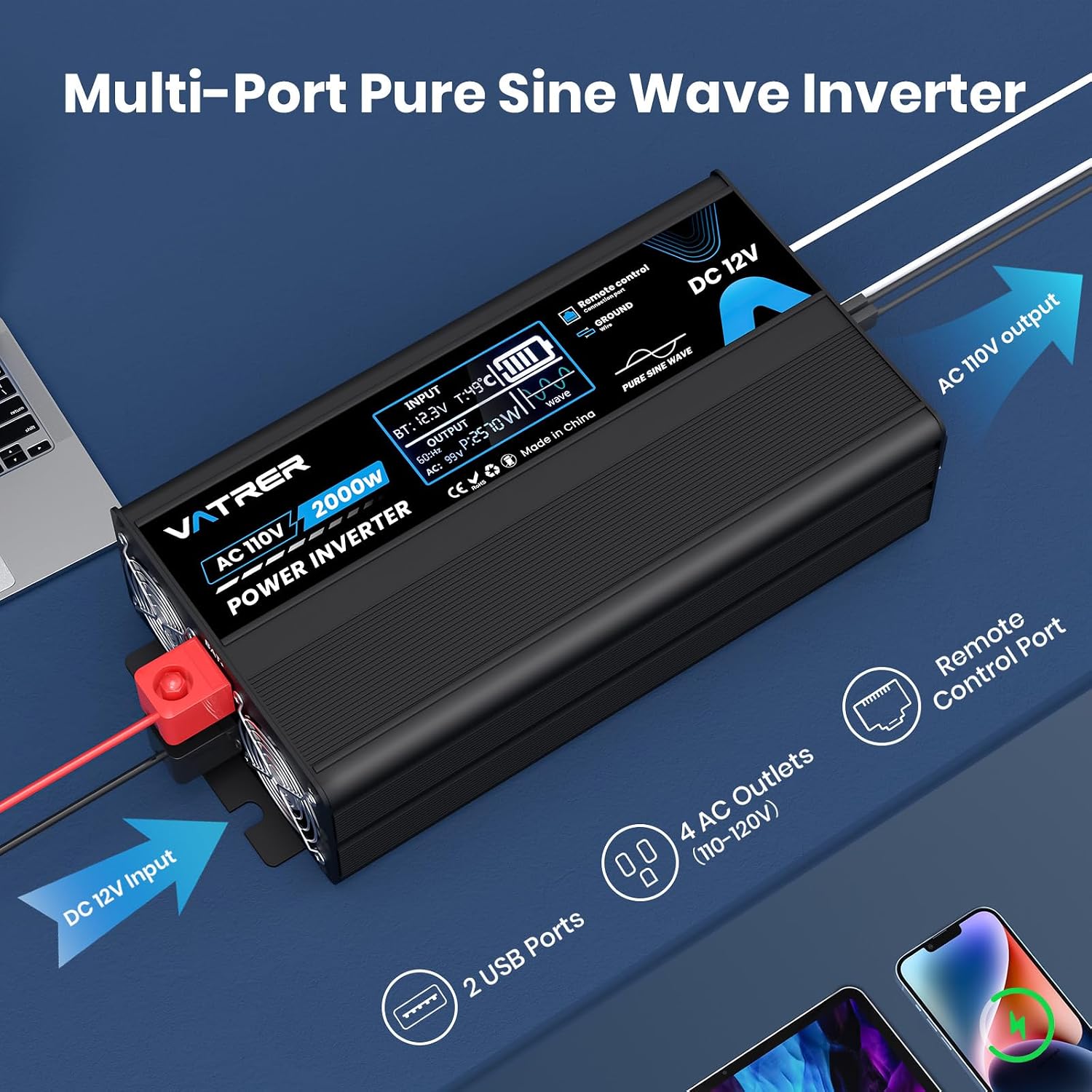 2000 Watt Pure Sine Wave Inverter 12V DC to 110V/120V AC Power Inverter | with LCD Screen, AC Outlets&USB Ports