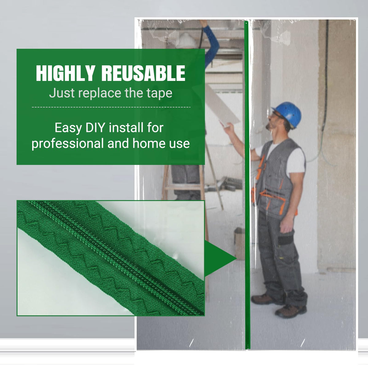(2-Pack) Plastic Zipper Door Dust Protector, 4 ft x 7 ft Heavy-Duty Plastic Sheeting with Green Zipper Door Dust