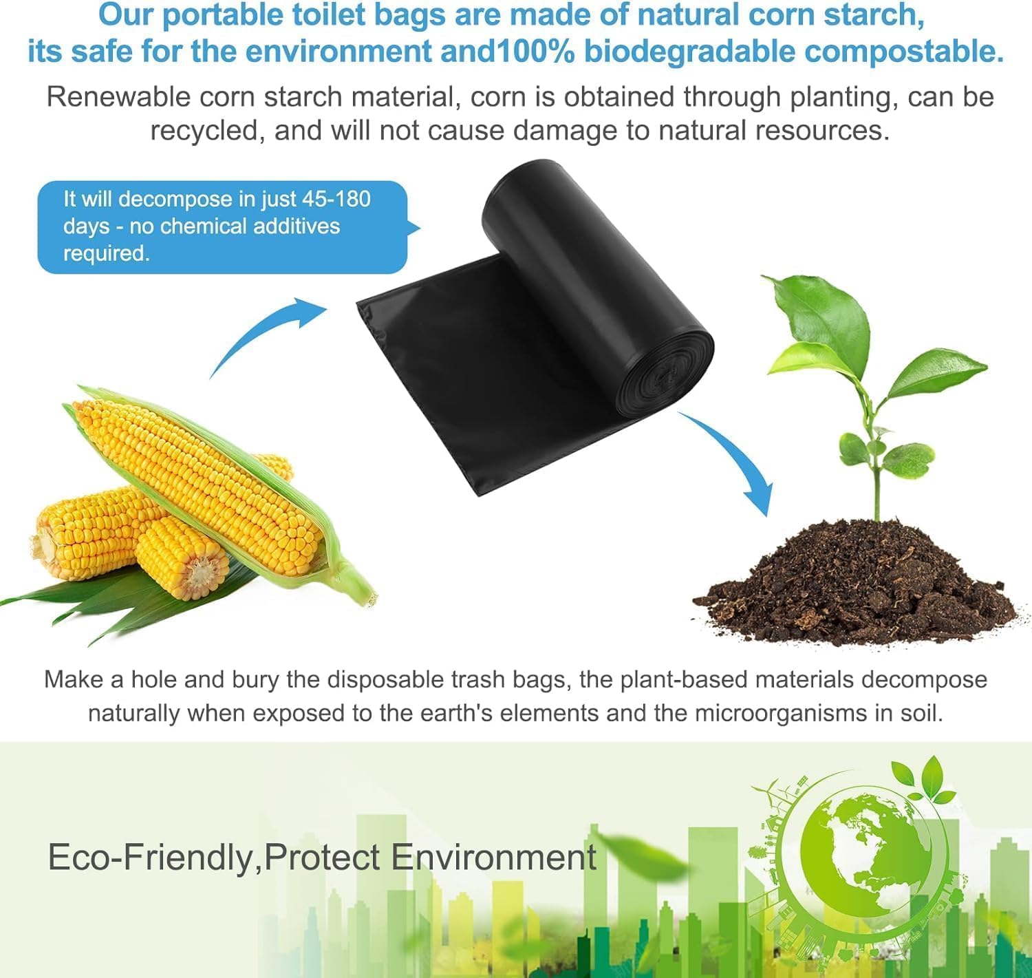 80 Portable Camping Toilet Bags, Biodegradable 8 Gallon Trash Garbage Bags | Portable Toilet Bag for 5-8 Gallon