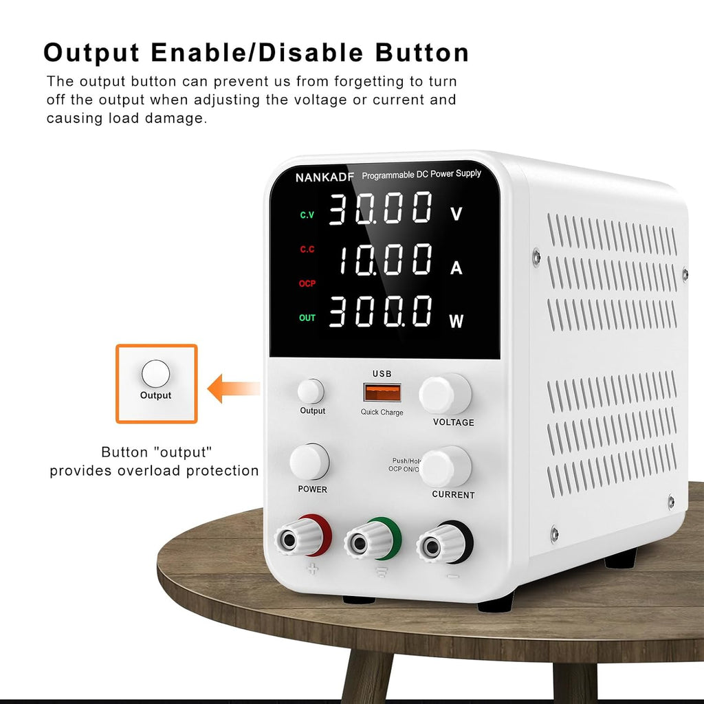 DC Power Supply Variable, Bench Power Supply with Encoder Adjustment Knob, Output Enable/Disable Button, Adjustable Power Supply with USB Quick-Charge, Short Circuit Alam (30V 10A White)