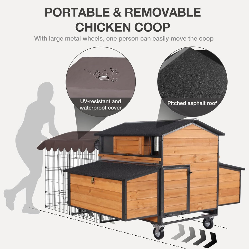 Chicken Coop with Wheels - Spacious 76" Metal Frame Chicken House with 6 Nesting Box and Leakproof Pull-on Tray