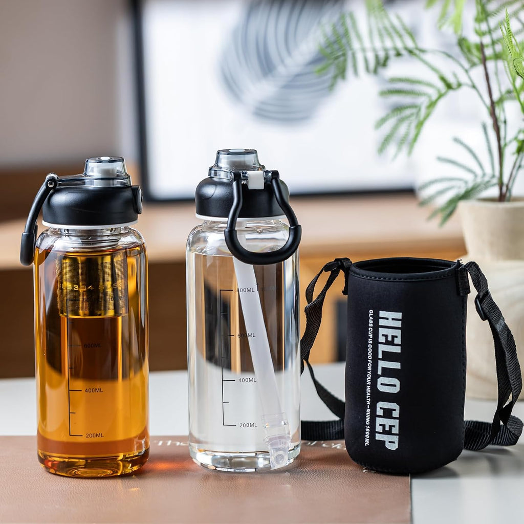 34oz Glass Water Bottle with Straw, Infuser & Protective Sleeve, BPA-Free Large Capacity drinking bottles for Hot or