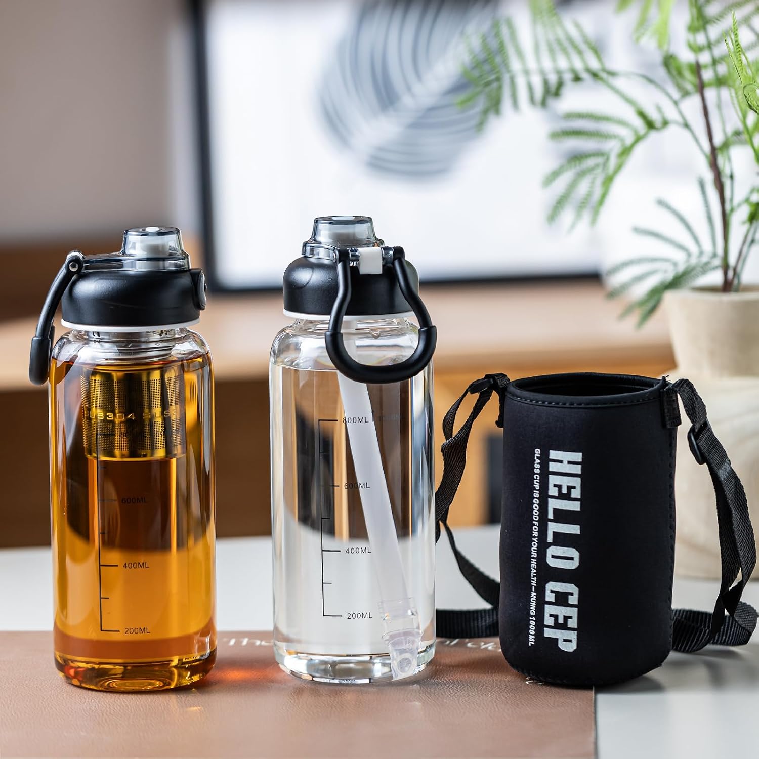34oz Glass Water Bottle with Straw, Infuser & Protective Sleeve, BPA-Free Large Capacity drinking bottles for Hot or
