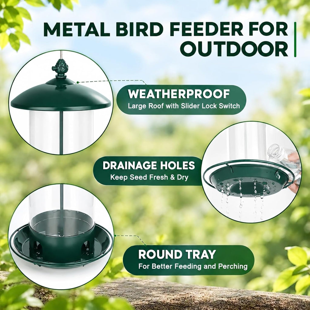 Metal Bird Feeders for Outdoors Hanging, 360° Feeding Tray, Green