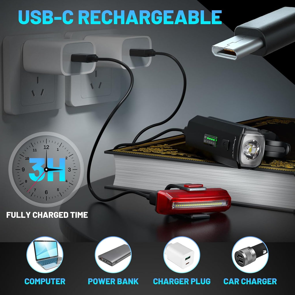 Bike Lights, Rechargeable Bike Front and Back Light for Night Riding