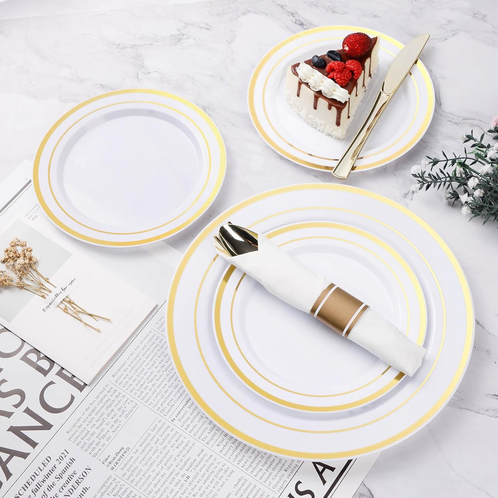 350 Piece Gold Plastic Dinnerware Set for 50 Guests