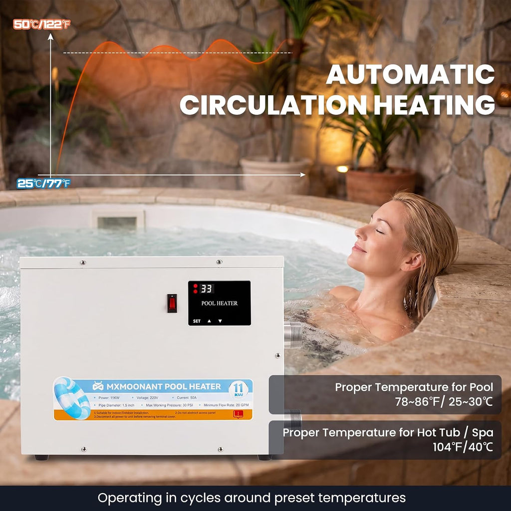 18KW SPA Heater, 220V Electric Pool Heaters Hot Tub Thermostat | Touchscreen Control, °F/°C Switching, 77-122℉ Temp