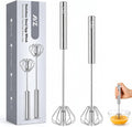 Stainless Steel Semi-automatic Egg Whisk, 2 Pack 7.9in & 11.8in Hand Push Mini Whisk, Effortless Egg Scrambler for