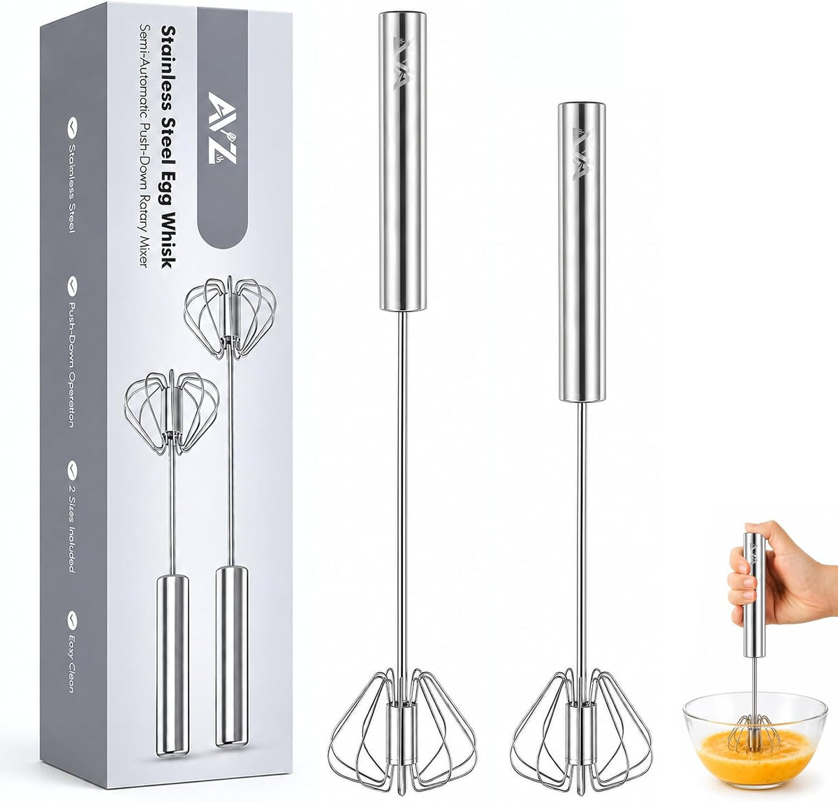 Stainless Steel Semi-automatic Egg Whisk, 2 Pack 7.9in & 11.8in Hand Push Mini Whisk, Effortless Egg Scrambler for