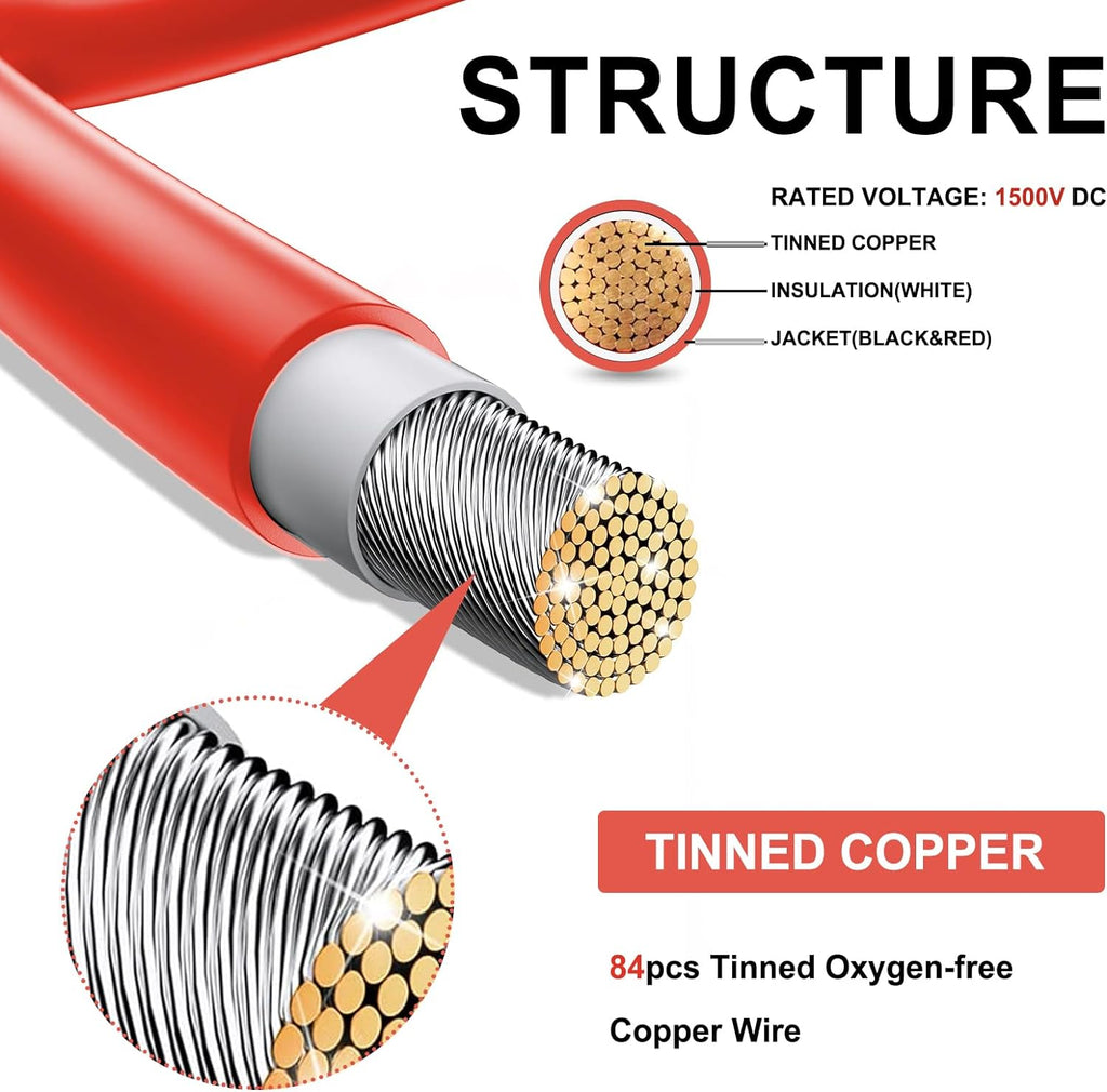 Twin Wire 100FT Solar Extension Cable - 10AWG(6mm²) Solar Panel Connector, with 6 Pairs-IP67-Male/Female Solar