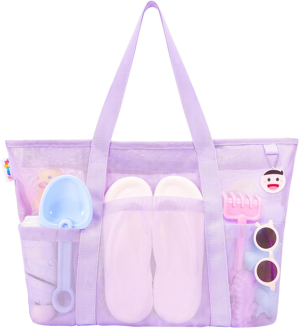 Beach Toys for Kids and Mesh Beach Bag with Zipper, Large Beach Tote with 8 Pockets, Sand Toys Storage Pool Bag Beach