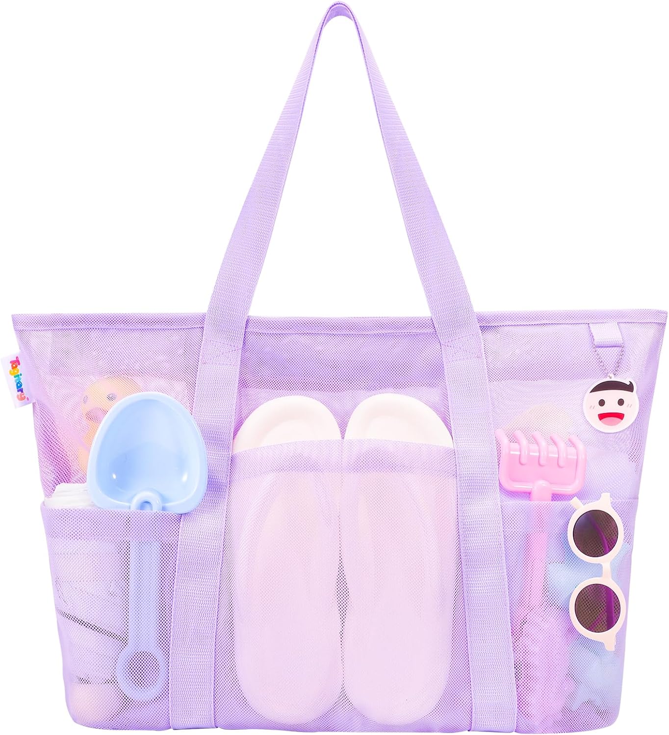 Beach Toys for Kids and Mesh Beach Bag with Zipper, Large Beach Tote with 8 Pockets, Sand Toys Storage Pool Bag Beach