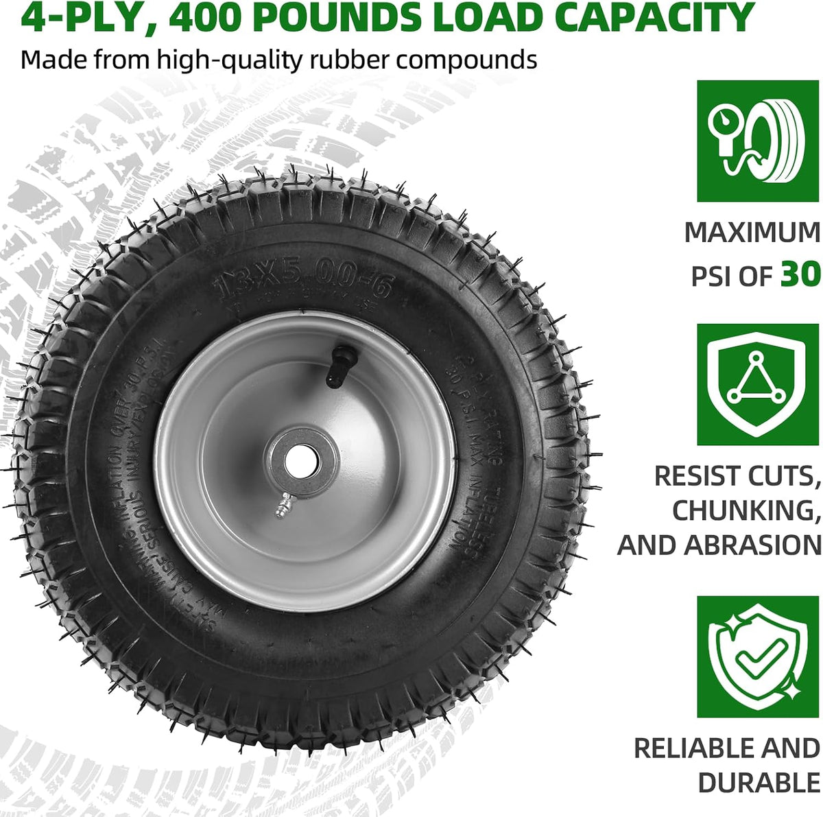 13 x 5.00-6 Lawn Mower Tire and Wheel, 2 Pack | Fits Riding Mowers & Lawn Tractors, 3" Centered Hub, 3/4" Bushings