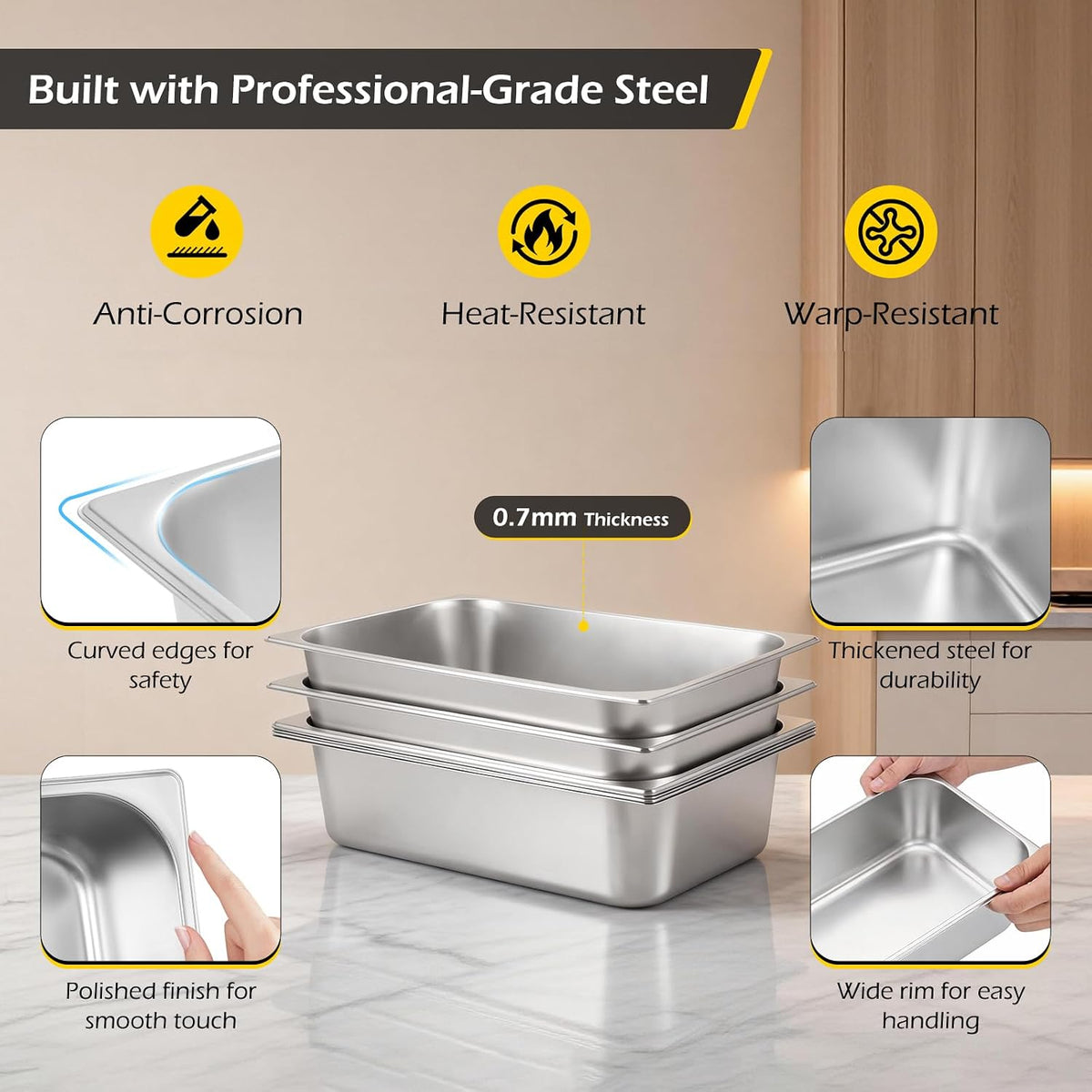 Hotel Pans with Lid Full Size Food Pan 6 Pack Steam Table Pans