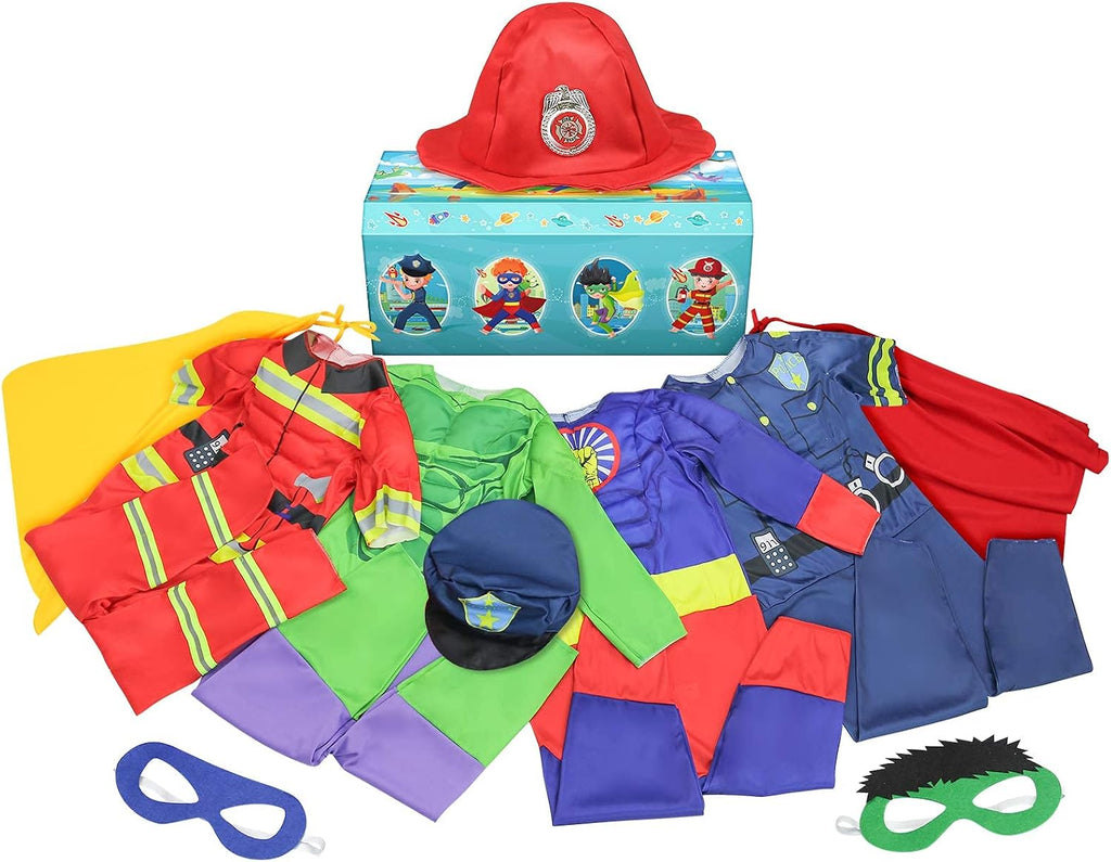 Boys Muscle Chest Dress up Costumes Trunk with Superhero Policeman Costume | Kids Pretend Role Play Costumes Set