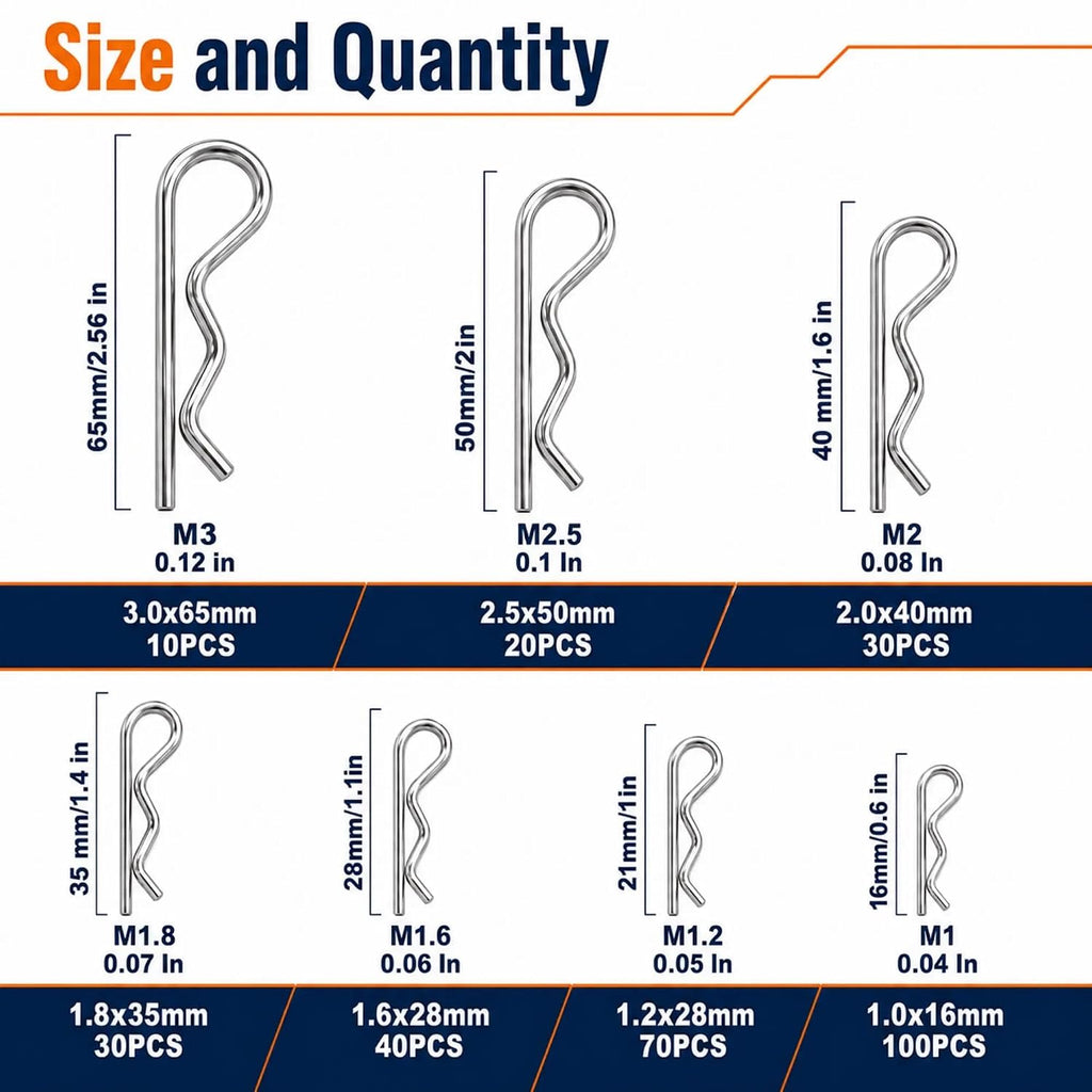 300 Pcs R-Clip Cotter Pin Assortment Kit, 304 Stainless Steel Hairpin Clips