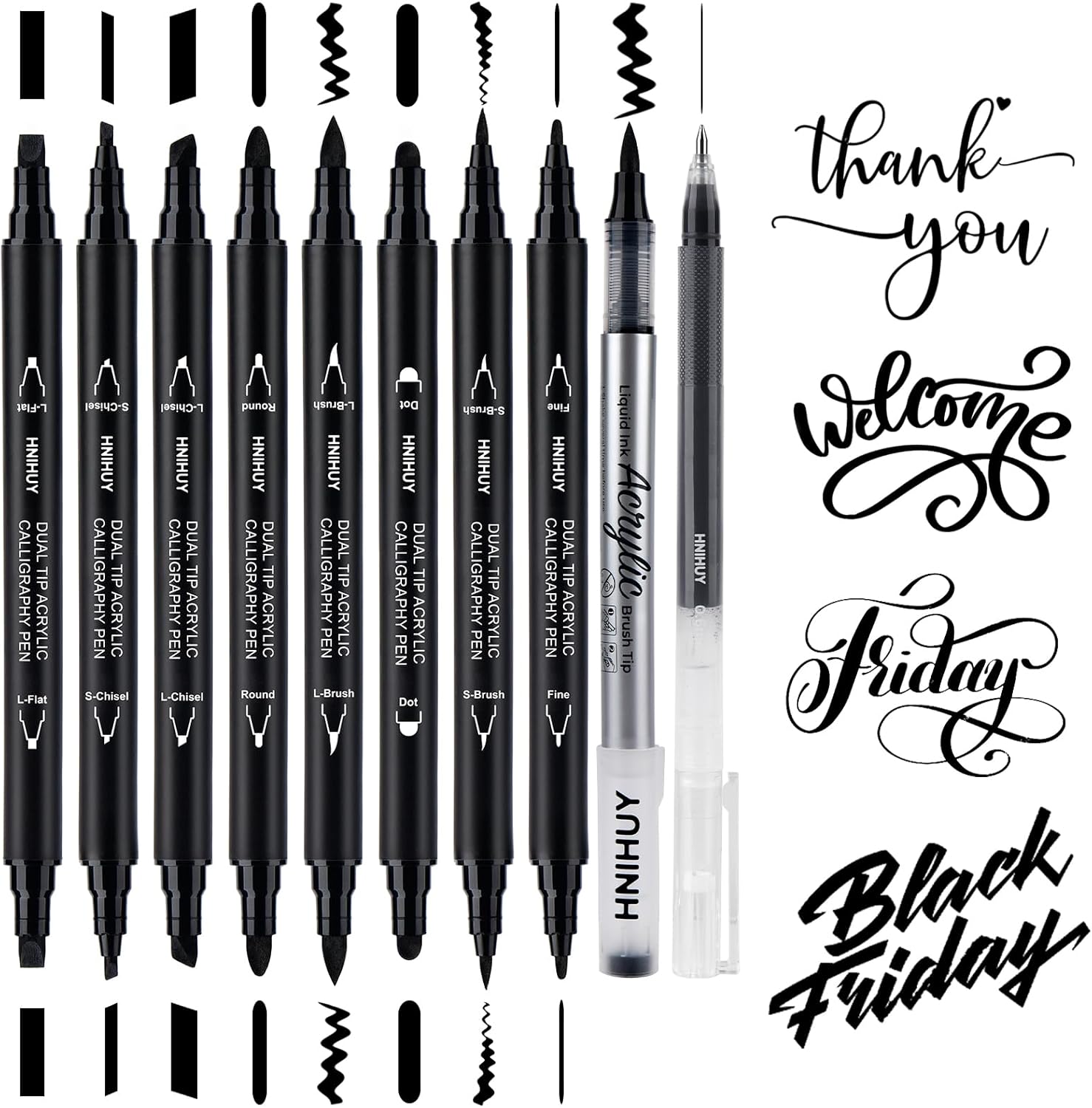Dual Tip Black Acrylic Calligraphy Pens, 10 Size Calligraphy markes for Writing, Hand Lettering Pen for Art Drawing