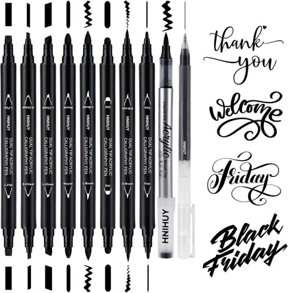 Dual Tip Black Acrylic Calligraphy Pens, 10 Size Calligraphy markes for Writing, Hand Lettering Pen for Art Drawing