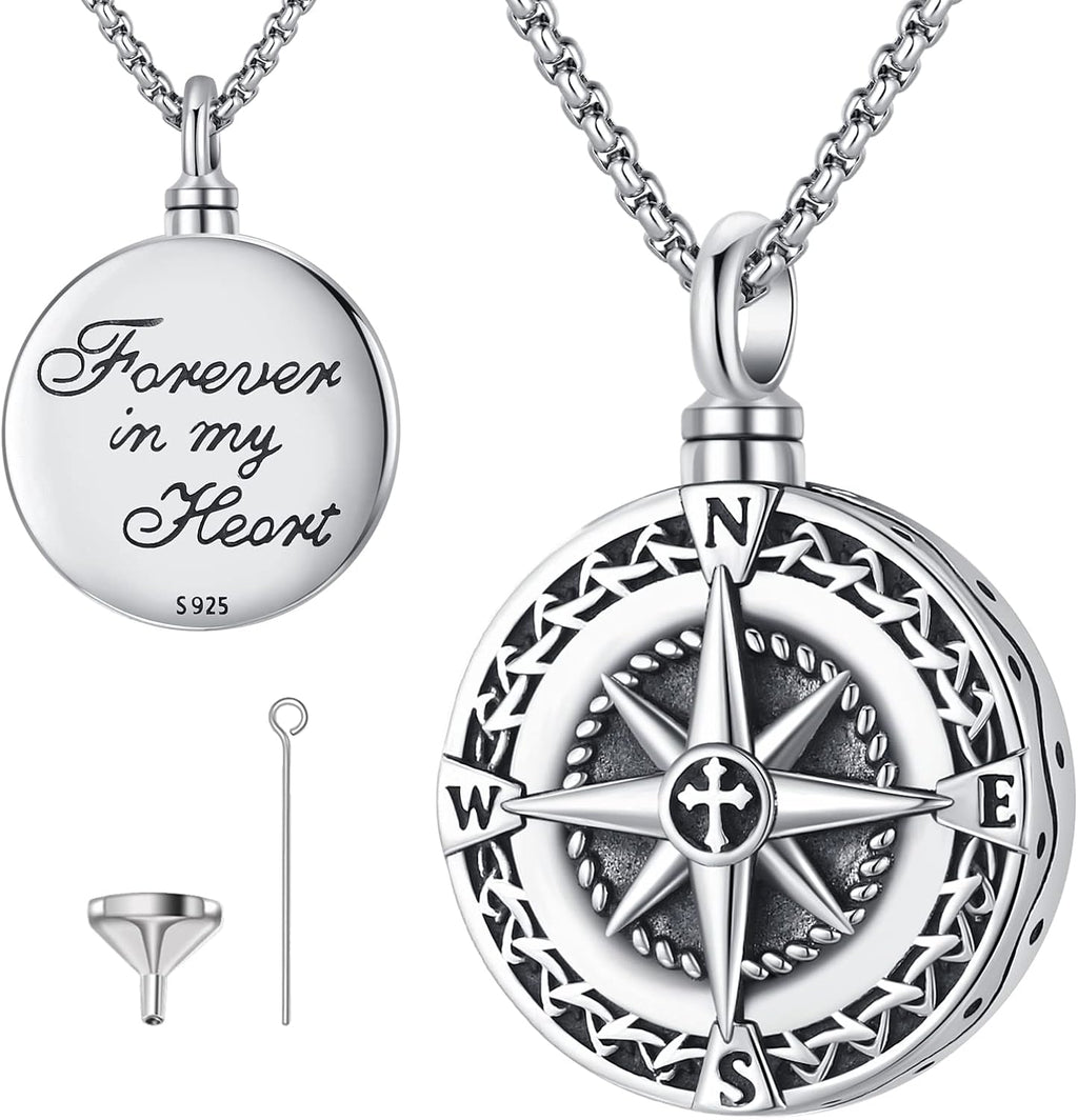 Compass Necklace for Women Men 925 Sterling Silver Pendant Urn Necklaces for Ashes Picture Locket Necklace Anchor