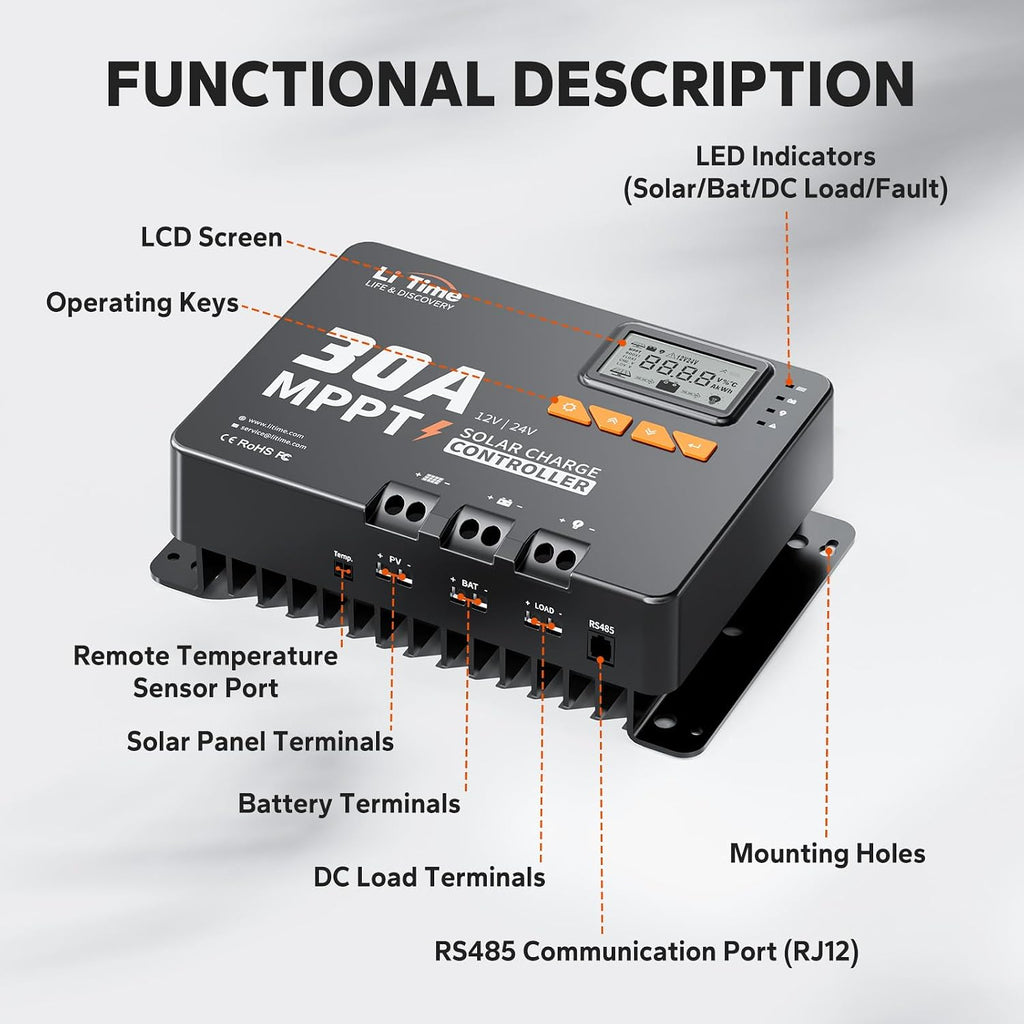 12V/24V 30A MPPT Solar Charge Controller Bluetooth, LCD Display | Max. 900W/24V 450W/12V PV Input, for LiFePO4 & Lead
