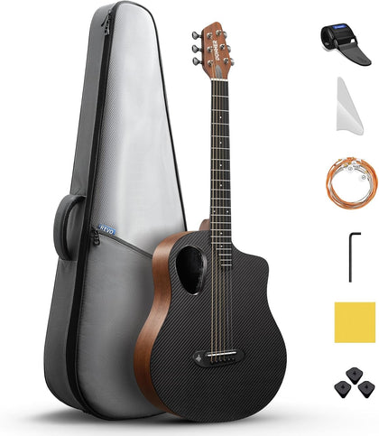 Acoustic Electric Guitar Kit for Beginner Intermediate Adult with Built-in Pickups, Carbon Fiber Top, Wooden Bowl, 38